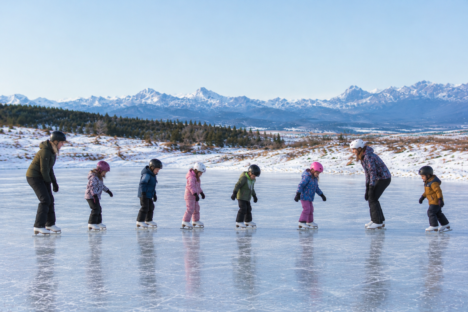 A coach guiding children as they practise skating in a line