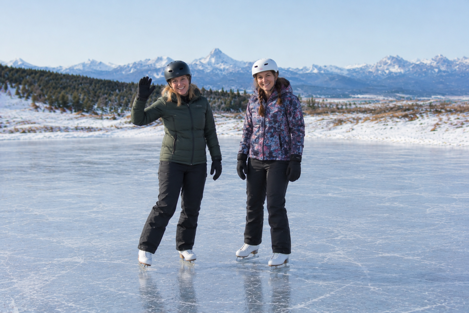 Two Kickstart Skating Okotoks instructors standing on the outdoor ice rink in the foothills