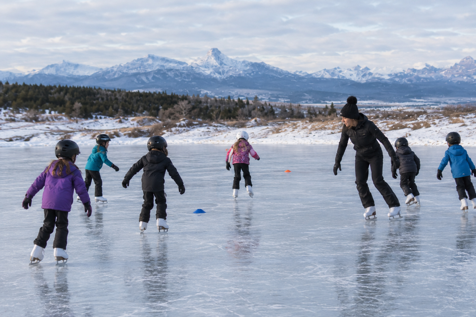 A skating lesson with children practising on the frozen lake