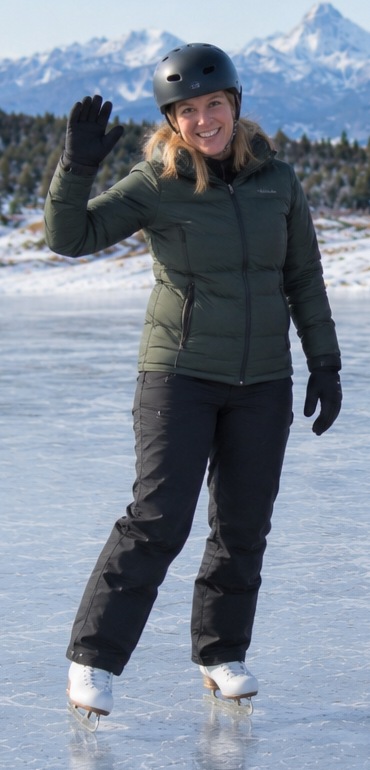 Kickstart Skating Okotoks coach wearing a black helmet and dark green jacket