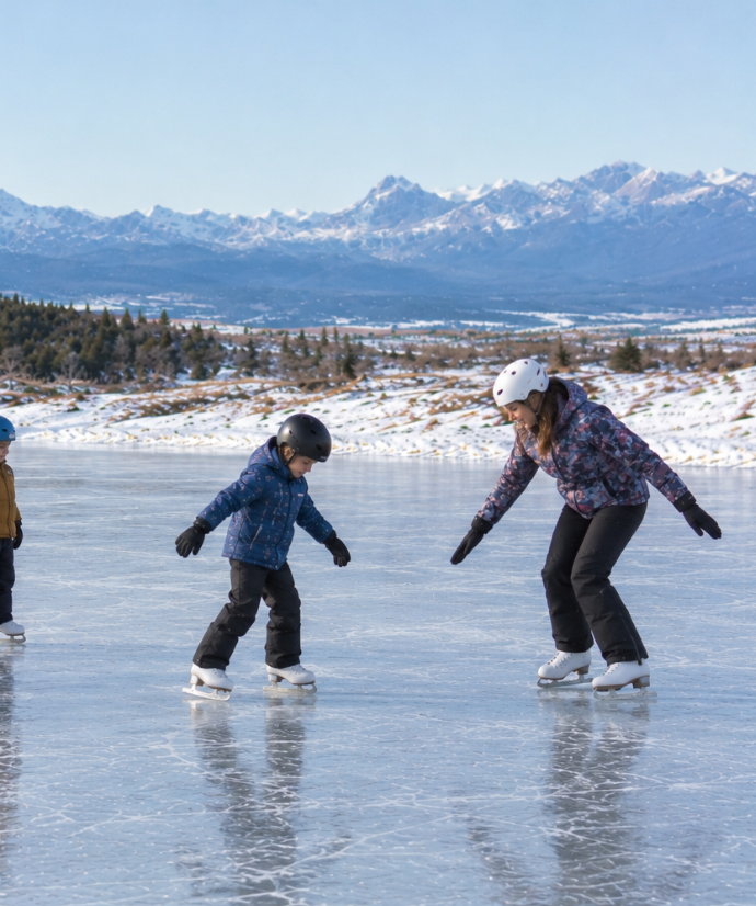 Skating instructor helping a young student practise on the outdoor ice rink