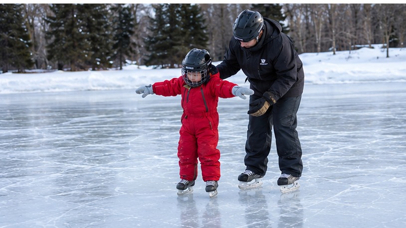 A helmeted coach helping a young skater balance on the ice